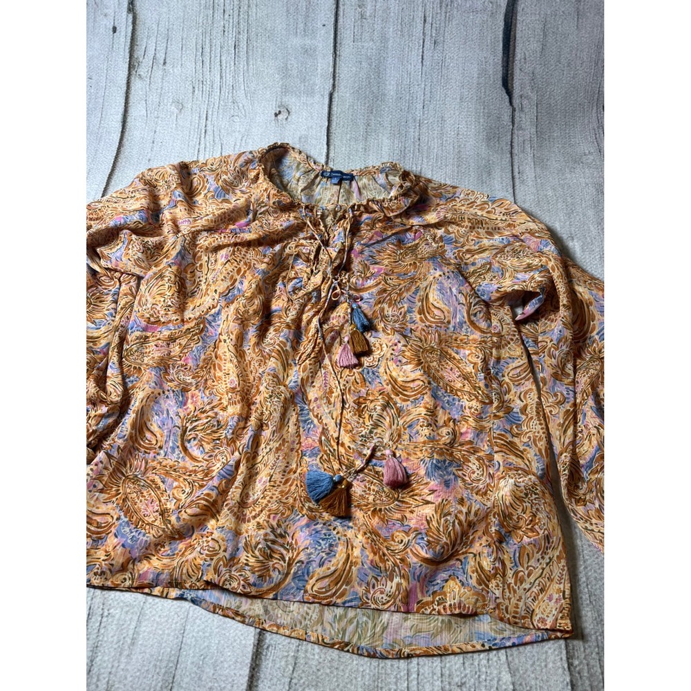 Democracy Blouse Womens Large Orange Paisley Boho Tassel Peasant Top Set
